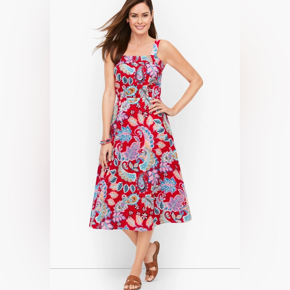 NWT Talbots Fit & Flare Cinched Elastic Waist Square Neck Lined Paisley size 16